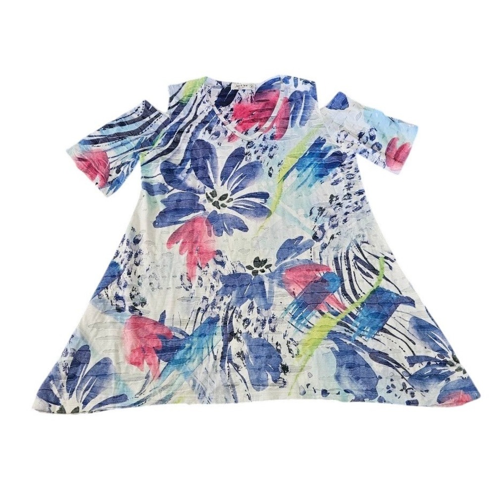Jess & Jane Tunic Top Womens Small Cold Shoulder Floral Blue Pink Short Sleeve